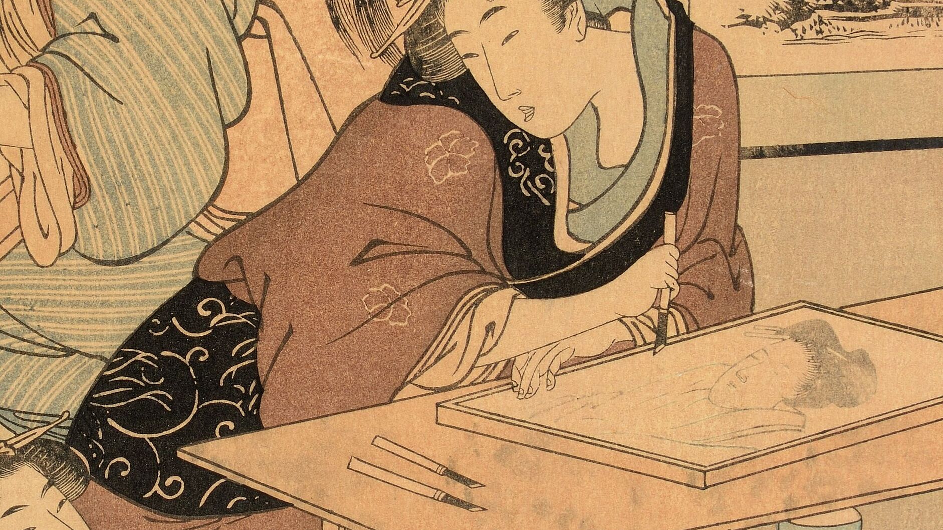 Farbholzschnitt von Kitagawa Utamaro: Handwerkerinnen in einer Werkstatt für Holzschnitt-Druckplatten, 1803. Deutsches Museum, Inventar-Nr. 40459.