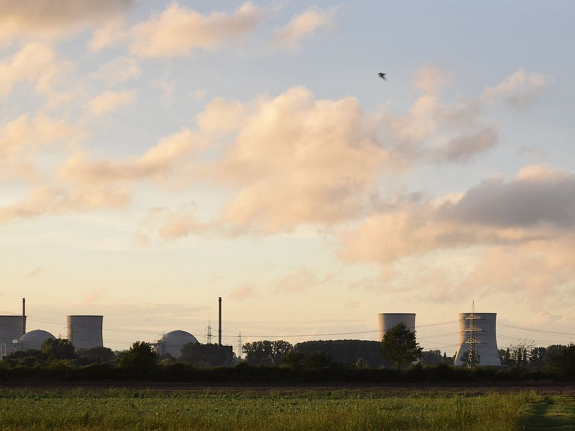 Kernkraftwerk mit mehreren Kühltürmen, Stromleitungen und Umspannmasten am Horizont; Feld und Baumreihe im Vordergrund bei weichem Abendlicht und pastellfarbenen Wolken.