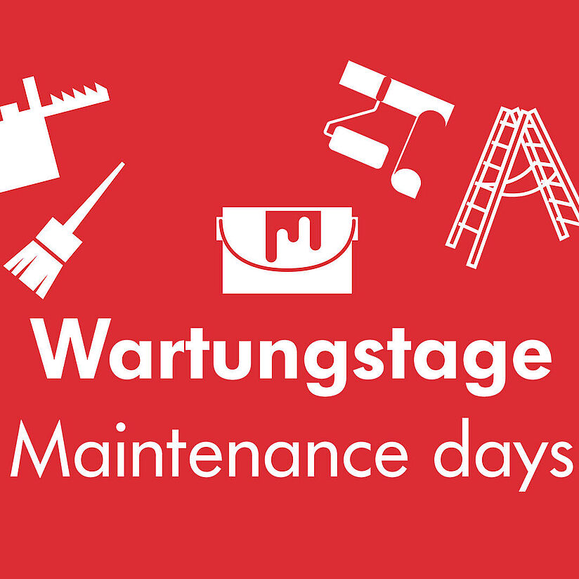 Illustration: Typo "Wartungstage" auf Deutsch und Englisch, und kleine Baustellen-Icobs, Stichsäge, Leiter, Farbrolle, Farbeimer, Pinsel und Bohnkopf