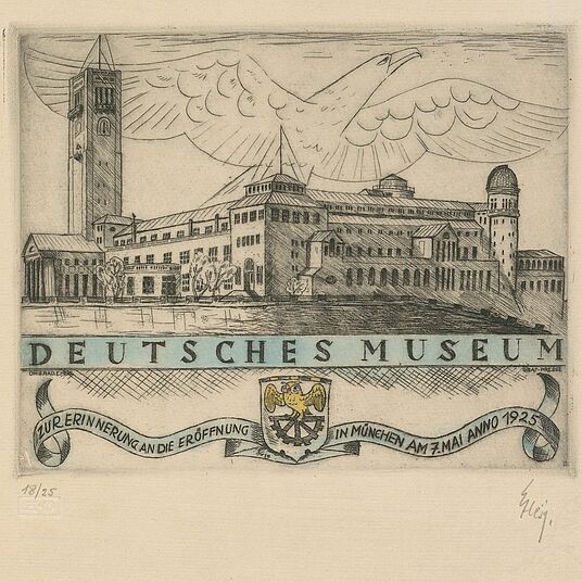 Grafik mit Ausstellungsgebäude auf der Museumsinsel und Text zur Eröffnung am 7.5.1925.