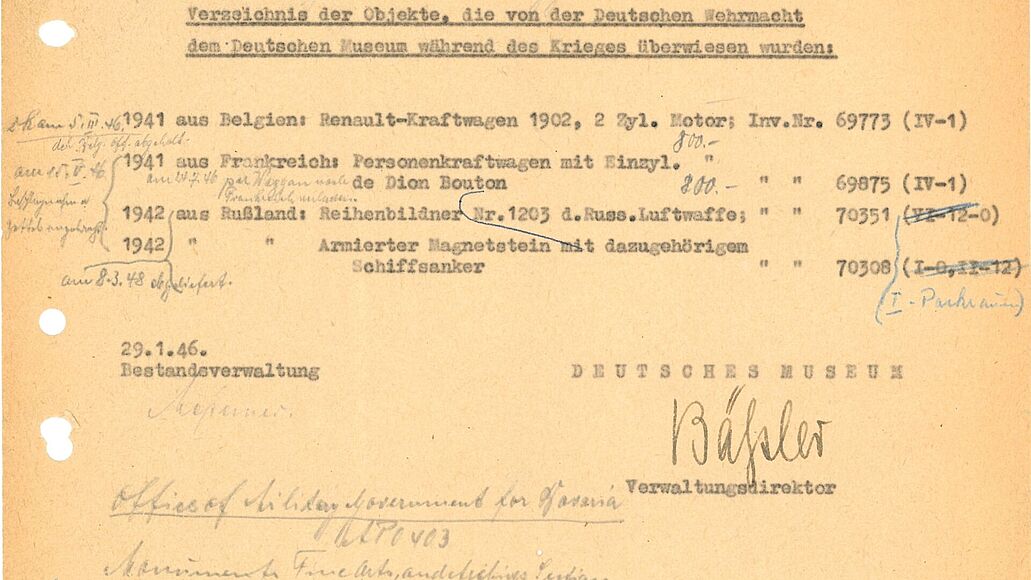 Dokument aus dem Archiv des Deutschen Museums mit Meldung von Kriegsbeuteobjekten an die amerikanische Militärregierung 1946 (VA 0838/6).