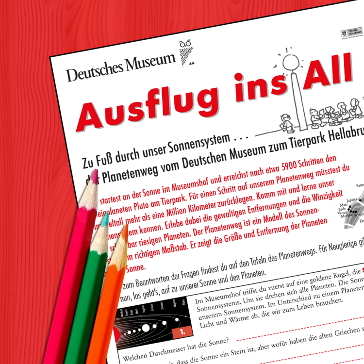 Montage: Deckblatt Forscherbogen "Ausflug ins All" und Stifte
