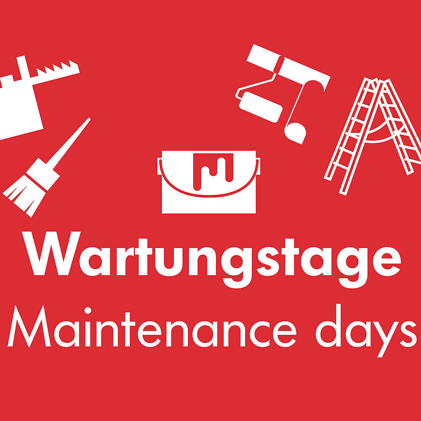 Illustration: Typo "Wartungstage" auf Deutsch und Englisch, und kleine Baustellen-Icobs, Stichsäge, Leiter, Farbrolle, Farbeimer, Pinsel und Bohnkopf