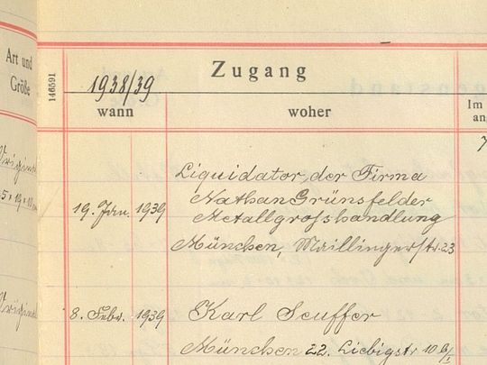 Photo: Indication of a Nazi withdrawal due to persecution? Entry in the inventory book of the Deutsches Museum dated 19.1.1939.
