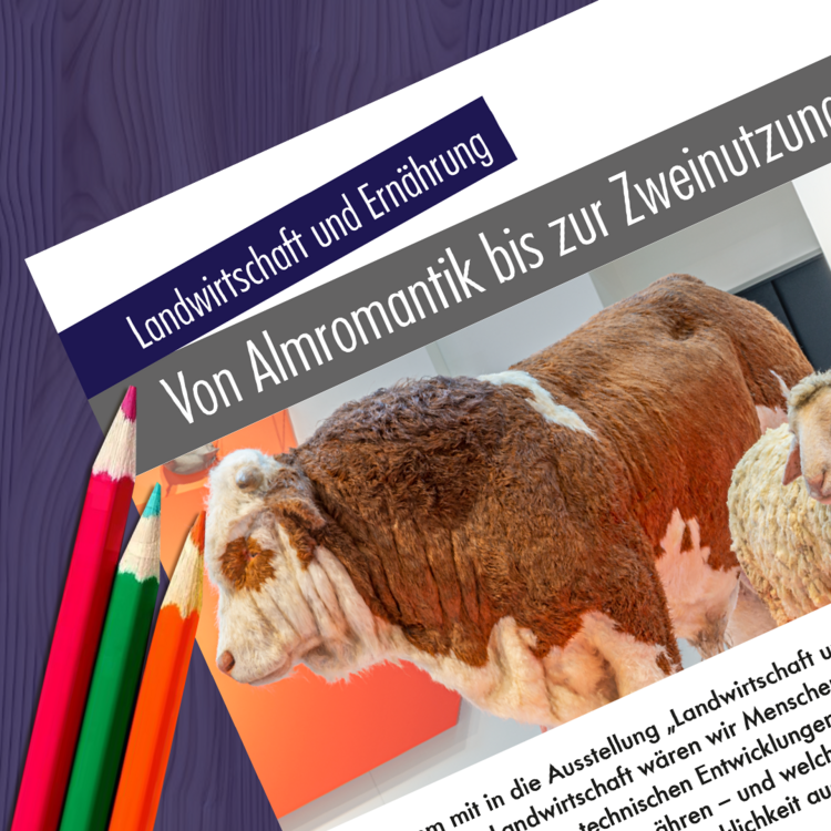 Montage: Deckblatt Forscherbogen "Landwirtschaft" und Stifte
