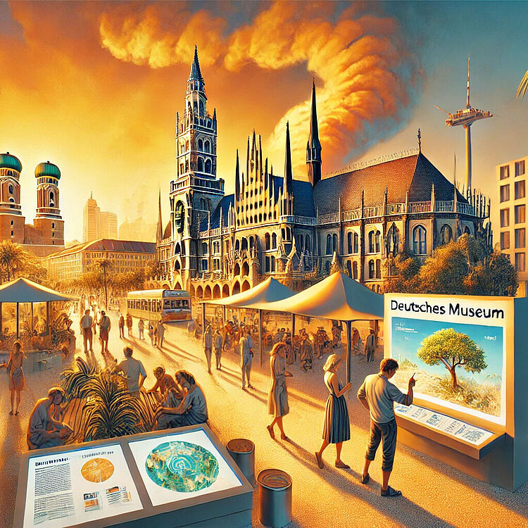 Illustration belebtes München in strahlendem Sonnenlicht mit vielen Info-Tafeln