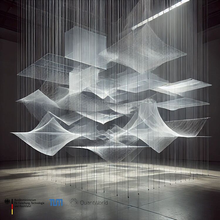 Große, schwebende Kunstinstallation aus hunderten feiner, weißer Fäden und halbtransparenten, geometrischen Netzen, die in mehreren Ebenen wie schwebende Segel hängen; minimalistisch beleuchteter Galerieraum mit dunklen Wänden, Lichtreflexen auf dem Boden und Logos (Bundesministerium für Forschung, TUM, QuantWorld) in der linken unteren Ecke.