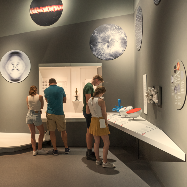 Fünf Museumsbesucher betrachten Exponate in einem Ausstellungssaal mit grauen Wänden; links ein hölzernes Stativ/Easel und Objekte auf einem Podest, an den Wänden mehrere runde wissenschaftlich anmutende Grafiken, in der Mitte eine Vitrine mit kleinem Instrument, rechts eine weiße Vitrine mit interaktiven Modellen (blaues Propeller-ähnliches Objekt, rot-weiße Schalen) und erklärenden Texttafeln.
