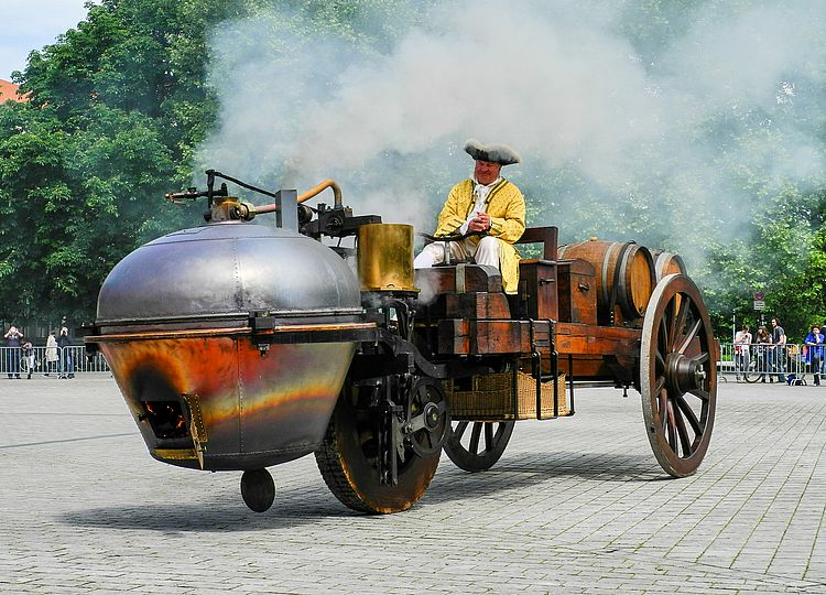 Demonstration of Nicolas Cugnot’s steam car.