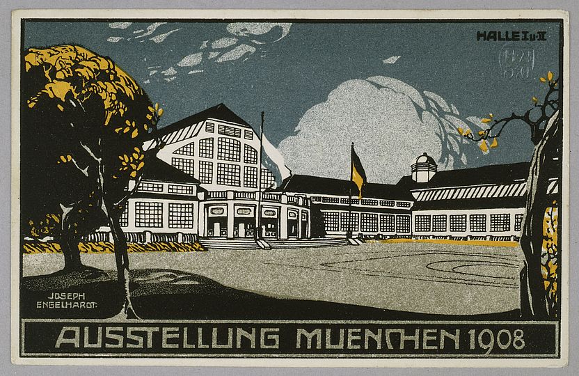 Historical postcard of the exhibition hall forecourt.