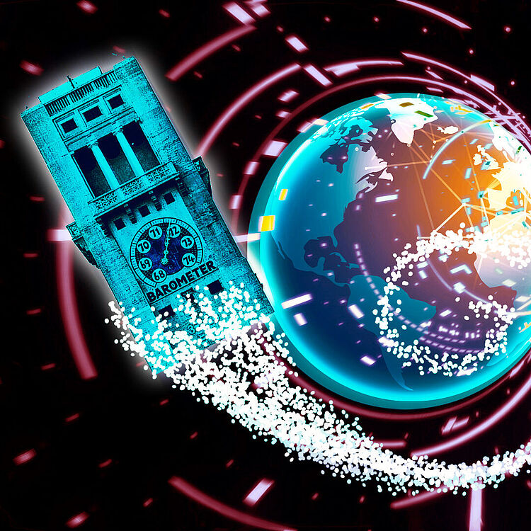 Plakatmotiv "Eine Reise durch die Zeit" zeigt den Museumsturm als Tardis von der Erde wegfliegen.