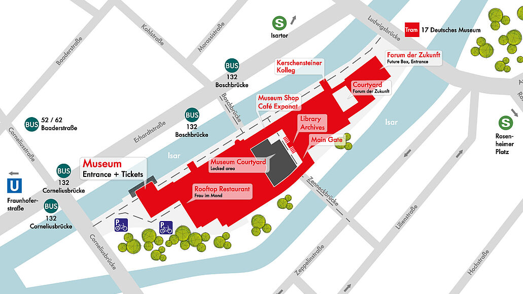 Stilisierte Lagekarte eines Museums an der Isar: rotes Museumsgelände mit Haupteingang, Museumshof, Bibliothek/Archive, Museumsshop/Café, Rooftop-Restaurant „Frau im Mond“ und Forum der Zukunft; umliegende Brücken (Corneliusbrücke, Boschbrücke, Ludwigsbrücke, Zenneckbrücke), Straßen und Bushaltestellen (Bus 132, 52/62), S- und U-Bahn-Symbole (Isartor, Rosenheimer Platz, Fraunhoferstraße), Fahrradparkplätze und grüne Baumgrafiken.