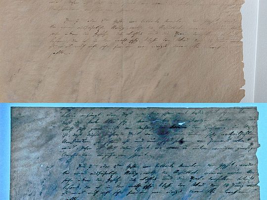 Letter by Fraunhofer from Sept. 3, 1823 Part of page 1 in visual and ultraviolet light.