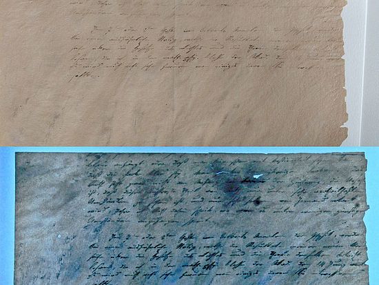 Brief Fraunhofers vom 3. September 1823 Teil der ersten Seite eines Briefs Frauenhofers im sichtbaren und im ultravioletten Licht