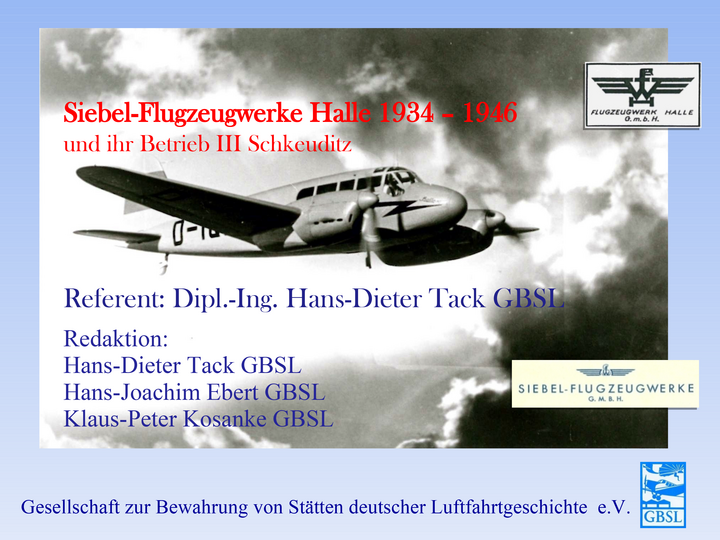 Plakat des Vortrags "Die Siebel-Flugzeugwerke Halle und ihr Betrieb III in Schkeuditz"."