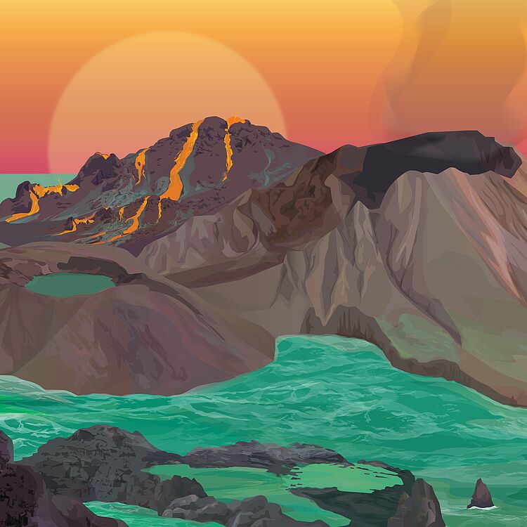 Illustration einer vulkanischen Küstenlandschaft auf der frühen Erde. Vor einem tief stehenden Mond fließt glühende Lava über dunkle Berge in Richtung Meer. Grünes Wasser umspült felsige Küsten und kleine Becken.