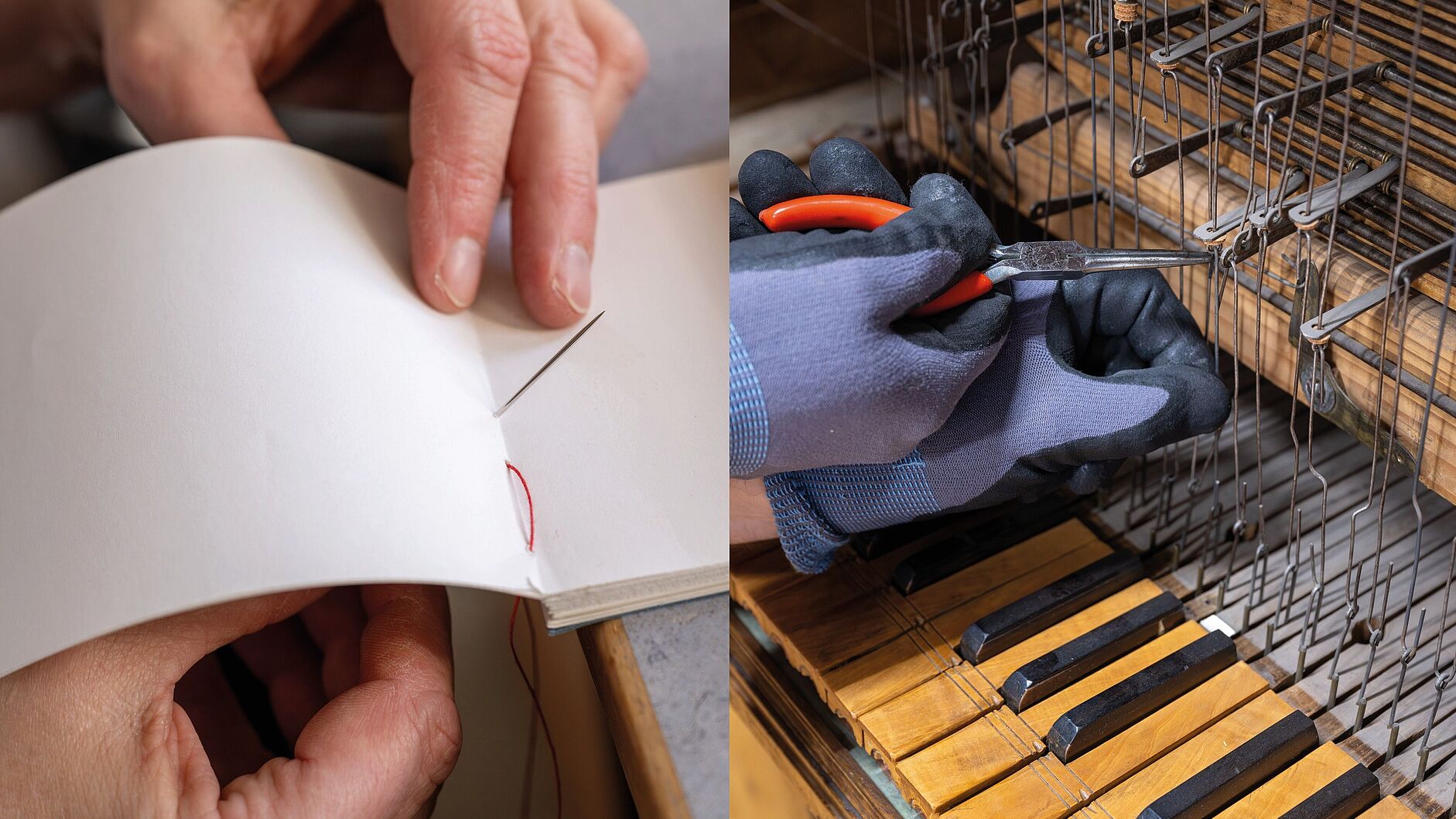 Collage aus zwei Bildern (nebeneinander gesetzt). Links wird ein Buch mit Faden und Nadel gebunden, rechts an der Mechanik hinter der Klaviatur einer Orgel gearbeitet. Beides Nahaufnahmen.