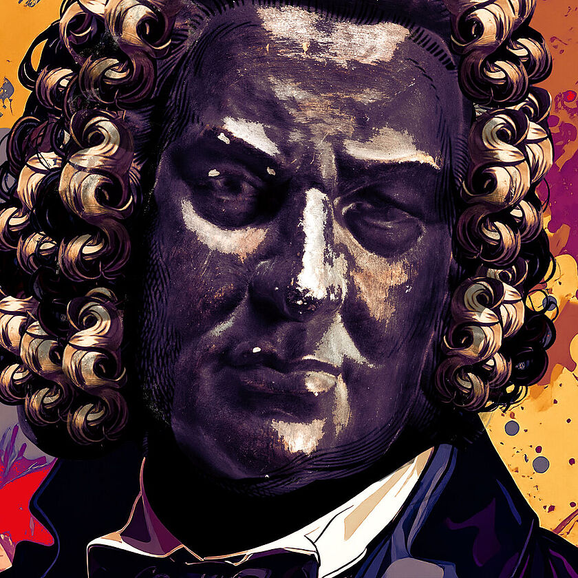 Collage: Johann Sebastian Bach als Popoart, Gesicht Foto Bronzemaske
