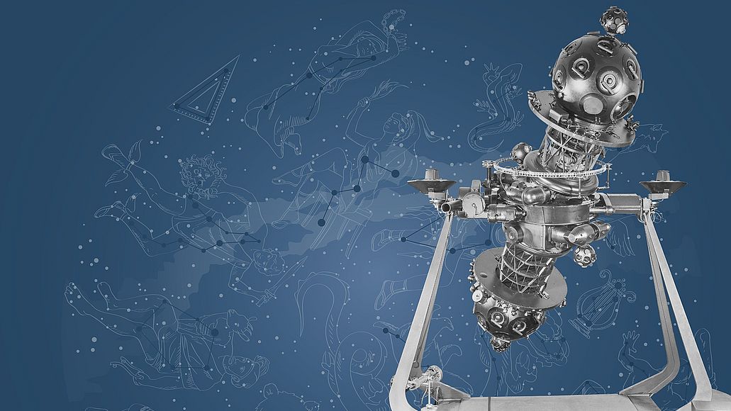 Plakatmotiv zur Sonderausstellung "100 Jahre Planetarium": Planetariumsprojektor Zeiss Modell IV vor Sternbildern