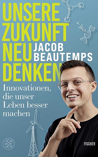 Das Bild zeigt das Cover des Buches "Unsere Zukunft neu denken", auf dem der Autor Jacob Beautemps zu sehen ist.