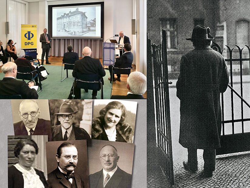 Eine Collage mit vier Bereichen: oben links ein Vortragssaal mit sitzenden Zuhörern und zwei Vortragenden vor einer Leinwand und einem gelben DPG-Banner; unten links mehrere alte Porträtfotos von Männern und Frauen mit unkenntlich gemachten Gesichtern; rechts eine schwarz-weiße historische Aufnahme einer Person in Mantel und Hut, von hinten, die durch ein geöffnetes Tor auf einen Bürgersteig tritt.