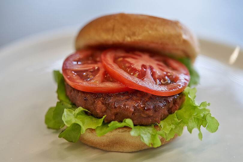 Ein Hamburger auf einem Teller, bestehend aus einem Brötchen, einem gegrillten Patty aus alternativem Protein, zwei Scheiben Tomaten und einem Blatt grünen Salats. Das obere Brötchen ist leicht nach hinten verschoben, sodass die Zutaten sichtbar sind.